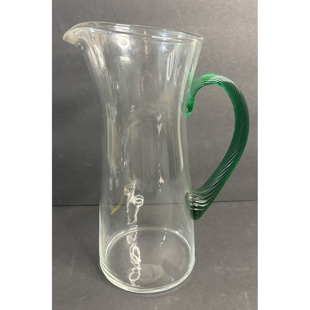 Vintage Pitcher Clear Glass Green Twisted Applied Handle 9" MCM